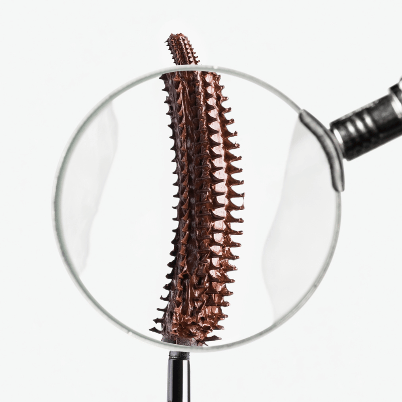 Hildun Mascara, power precision, peptide mascara pecan brown shade magnified