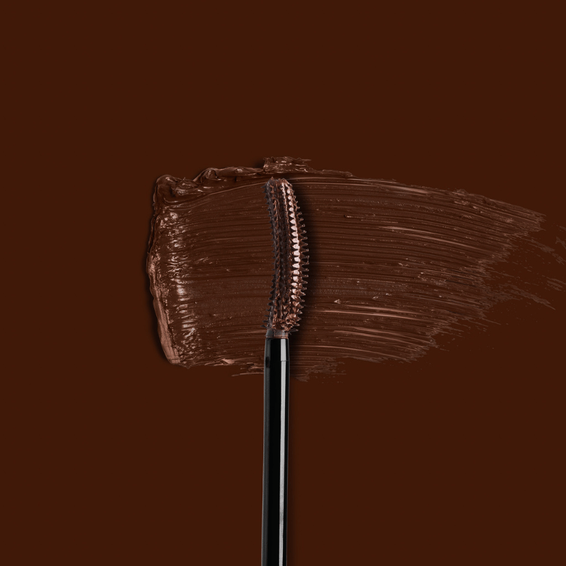 brown swatch of Hildun Beauty peptide power precision mascara, curved wand