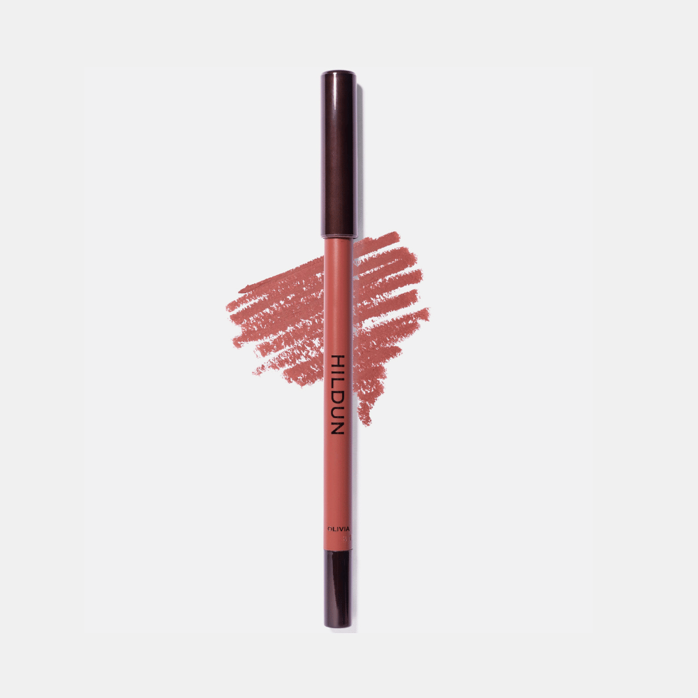 Hildun Beauty Olivia lip liner swatch behind product